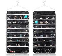 Flexzion Organisateur de Bijoux Suspendu avec Poches Zippes - (1 paquet) Organisateur de Bijoux Noir pour Placard, Rangement avec Cintre, 56 Poches Double Face pour Boucles d'Oreilles,