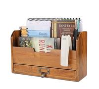 Flexzion Organiseur de bureau en bois à 3 niveaux - Compartiments rustiques avec fente pour classeurs, trieur de crayons, étagère de rangement pour fournitures avec tiroir de rangement pour bureau,