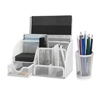 Flexzion Organiseur de bureau en maille métallique blanche pour femmes, hommes, étudiants, 6 compartiments avec tiroir et porte-stylo, organiseur de bureau pour le travail