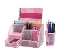 Flexzion Organiseur de bureau en maille métallique rose pour femmes, hommes, étudiants, 6 compartiments avec tiroir et porte-stylo, organiseur de bureau pour le travail