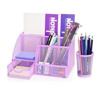 Flexzion Organiseur de bureau en maille métallique violette pour femmes, hommes, étudiants, 6 compartiments avec tiroir et porte-stylo, organiseur de bureau pour le travail