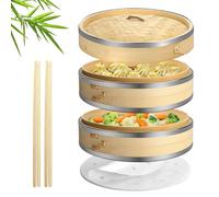 Flexzion Panier Cuiseur à cuit-Vapeur en Bambou (8 Pouces)-avec Cadre en Acier Inoxydable, 50x doublures de Vapeur, 2 Paires de Baguettes, cuiseur à Vapeur Chinois