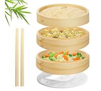 Flexzion Panier en bambou pour Cuisson vapeur avec 50 feuilles de papier cuisson et 2 paires de baguettes Cuisson - Cuiseur vapeur chinois pour la cuisson des aliments 8 Inch bois (22 cm)