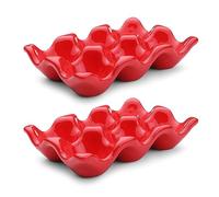 Flexzion Plateau à œufs en céramique - Capacité pour 6 œufs, demi-douzaine de supports, bol de service décoratif rouge et organisateur de rangement, 2 pièces