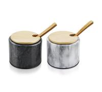 Flexzion Pot à sel en marbre avec couvercle et cuillère - Bols à sel et poivre avec patin antidérapant - Boîte de rangement en marbre pour paprika, herbes, bijoux (lot de 2, noir et blanc)