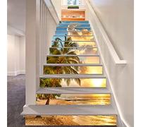 FLFK 15 Pcs 3D Le coucher du soleil Océan Plage Paume Arbre Autocollants d'escalier auto-adhésifs Peel and Stick Escalier Riser Stickers Escalier Stickers Murale Decal 39.3"x 7"