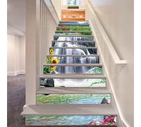 FLFK 15 Pcs 3D Paysage de fleurs cascade Autocollants d'escalier auto-adhésifs Peel And Stick Escalier Riser Stickers Imperméable Décor À La Maison Escalier Decal Escalier Stickers 39.3"x 7"