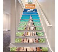 FLFK 3D Bleu Océan Pont de bois Jetée Autocollants d'escalier auto-adhésifs Escalier Riser Stickers Décor Escalier Murale 39.3"x7"x13Pcs