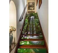 FLFK 3D Cascade Fleurs Poissons Autocollants d'escalier auto-adhésifs Escalier Riser Stickers Décor Escalier Murale 39.3"x 7" x 13 Pcs