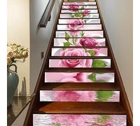 FLFK 3D Cercle Rose Fleur Autocollants d'escalier auto-adhésifs Escalier Riser Stickers Décor Escalier Murale 39.3"x 7"x 13 Pcs