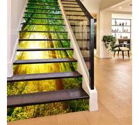 FLFK 3D Ensoleillement Forêt d'arbres verts Autocollants d'escalier auto-adhésifs Escalier Riser Stickers Décor Escalier Murale 39.3"x 7"x 13 Pcs