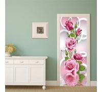 FLFK Cercle Rose Fleur Autocollant Porte Affiche 3D pour Cuisine Chambre Salle de Bain Auto-adhésif Amovible Murale Décoration 77X200cm