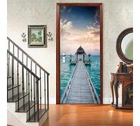 FLFK Paysage de pont en bois de mer Autocollant Porte Affiche 3D pour Cuisine Chambre Salle de Bain Auto-adhésif Amovible Murale Décoration 85X215cm