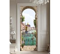 FLFK Ville Italienne côté rivière Autocollant Porte Affiche pour Cuisine Chambre Salle de Bain Auto-adhésif Amovible Murale Décoration 85X215cm
