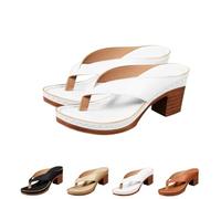 FLFXYFB 2025 Women's Solid Color Summer Chunky Heel Sandals, Chunky Sandals For Women, Casual Square Toe Flip Flops Shoes Wedges (White,38)