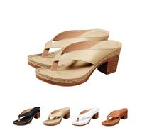FLFXYFB 2025 Women's Solid Color Summer Chunky Heel Sandals, Chunky Sandals For Women, Casual Square Toe Flip Flops Shoes Wedges (Gold,37)