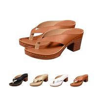 FLFXYFB 2025 Women's Solid Color Summer Chunky Heel Sandals, Chunky Sandals For Women, Casual Square Toe Flip Flops Shoes Wedges (Brown,38)