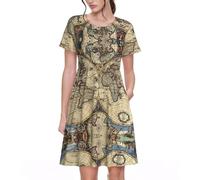 FLGHJNBJN Ancient Map World Globe Robe à manches courtes pour femme, taille élastique avec poches, coupe midi trapèze, pour tenue quotidienne, Noir , S