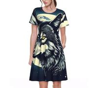 FLGHJNBJN Wolf Night Moon Robe à manches courtes pour femme, taille élastique avec poches, coupe midi trapèze, tenue quotidienne, Noir , L
