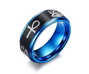 FLHEART Bague en acier inoxydable hiéroglyphe avec œil d'Horus et Ankh gravé Ankh Dieu du ra pour homme Protection Bijoux pour lui, Métal,