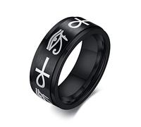 FLHEART Bague œil d'Horus & Ankh : en acier inoxydable, style spinner égyptien, symbole e la vie et œil de Ra, bague de mariage, bande de protection, bijou de protection, 8 mm de largeur, Métal,