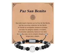 FLHEART Bijoux Homme Bracelet Chapelet Catholique - Médaille Saint Benoît avec Perles De Pierre Naturelle Obsidienne Noire 6MM À Breloques Réglables Cadeau Religieux pour Père Petit Ami Frère