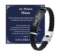 FLHEART Bracelet en cuir noir avec gravure « Ich Liebe Dich » pour homme, mari, petit ami, cadeau d'amour pour homme, Saint-Valentin, anniversaire, 21 cm, Acier inoxydable Cuir, No Gemstone