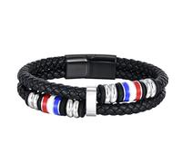 FLHEART Bracelet Homme Cuir Bijoux Hommes - Fermoir Magnétique Acier Inoxydable avec Perle de Rouge Bleu Blanc Double Couche Bracelet Cuir Homme Cadeau Homme Anniversaire pour Petit Ami Fils