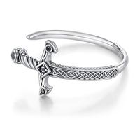 FLHEART Bracelet manchette en acier inoxydable pour homme - Épée cool - Argenté/noir/doré - Nœud celtique Viking - Oxyde de zirconium - Bijoux cadeaux pour homme - 62 mm, One Size, Acier inoxydable