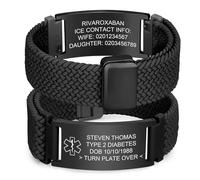 FLHEART Bracelet Personnalisé Médical - Bracelet Élastique Ajustable SOS ID Avec Gravure Diabète Épilepsie Allergie Numéro de Téléphone Bracelets d'Urgence Hommes Femmes Enfants, 22 cm, Acier