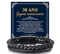 FLHEART Cadeau Anniversaire 30ans Bracelet Homme - Bracelet Cuir Véritable avec perles en pierre de lave Naturelle et Fermeture magnétique，Idee Cadeau Anniversaire 30ans pour Homme
