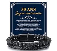 FLHEART Cadeau Anniversaire 50ans Bracelet Homme - Bracelet Cuir Véritable avec perles en pierre de lave Naturelle et Fermeture magnétique，Idee Cadeau Anniversaire 50ans pour Homme