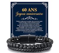 FLHEART Cadeau Anniversaire 60ans Bracelet Homme - Bracelet Cuir Véritable avec perles en pierre de lave Naturelle et Fermeture magnétique，Idee Cadeau Anniversaire 60ans pour Homme