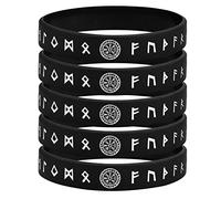 FLHEART Lot de 5 bracelets viking pour homme en silicone noir avec runes viking nordiques pour homme et femme, bande en caoutchouc imperméable, ajustement confortable, cadeaux vikings, 19.0