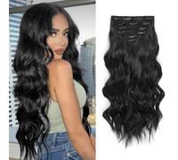 Fliace Lot de 6 extensions de cheveux à clip pour femme - Épais, double ondulation - Cheveux doux - S'adapte bien aux longs postiches - 50,8 cm - Noir naturel