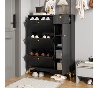 Flieks armoire à chaussures avec 3 abattants, commode à chaussures 90x25x121 cm, bascule à chaussures étroite avec 1 tiroir et 1 porte, noir