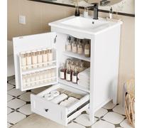 Flieks Armoire de salle de bain avec pieds en bois massif, meuble sous-vasque avec lavabo en céramique, 51x46x85 cm, blanc