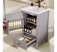 Flieks Armoire de salle de bain avec pieds en bois massif, meuble sous-vasque avec lavabo en céramique, 51x46x85 cm, gris
