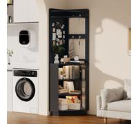 Flieks Armoire de salle de bain, compartiment ouvert avec crochets, porte de meuble de salle de bain avec verre, armoire d'angle avec compartiment de rangement, armoire ménagère multi-usages avec ramp
