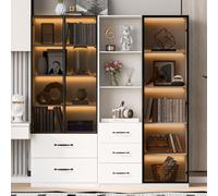 Flieks armoire moderne avec LED, vitrine 140x40x160 cm, highboard bibliothèque avec 3 portes vitrées et tiroirs, blanc