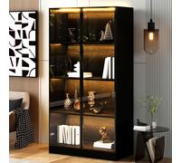 Flieks armoire moderne avec LED, vitrine 70x40x160 cm, highboard bibliothèque avec 2 portes vitrées, salon bureau salle de bain, noir
