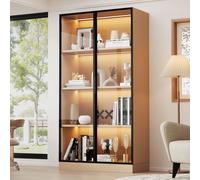 Flieks armoire moderne avec LED, vitrine 70x40x160 cm, highboard bibliothèque avec 2 portes vitrées, salon bureau salle de bain, couleur bois marron