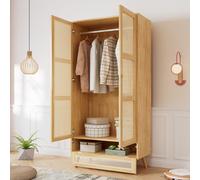 Flieks Armoire Penderie avec tringle, armoire Penderie avec couvercle flip-top, Rotin Armoire 2 portes avec tiroir, naturel