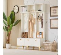 Flieks Armoire vestiaire avec banc, ensemble vestiaire avec banc de rangement, meuble d'entrée avec crochets et pieds dorés, blanc