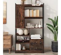 Flieks Bibliothèque de bureau avec 5 niveaux, étagère sur pied avec porte et 2 tiroirs, étagère de rangement bureau salon, marron