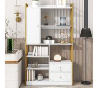 Flieks Bibliothèque de bureau avec 5 niveaux, étagère sur pied avec porte et 2 tiroirs, étagère de rangement Bureau Salon, blanc