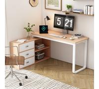 Flieks Bureau avec armoire, 135x50x75.3 cm, coiffeuse en L de style moderne, bureau avec 3 tiroirs, naturel