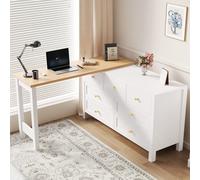 Flieks Bureau avec commode, bureau d'angle avec plateau pivotant à 360°, sideboard avec 7 tiroirs, 120x40x70cm, blanc