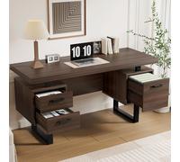 Flieks Bureau avec tiroirs, 135x54x76 cm, Table de bureau élégante de style classique, Grand plateau, Pragmatisme, brun foncé