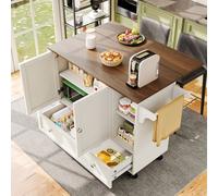 Flieks Chariot de cuisine avec porte-serviettes, Chariot de service avec plan de travail rabattable Bois veiné, Ilot de cuisine Armoire de cuisine avec étagère à épices, Blanc